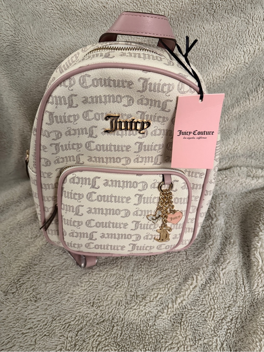 Juicy Couture Pink and Cream Logo Mini Backpack with Gold Charm